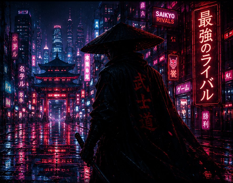 A silhouetted ronin figure stands in a rain-soaked Neo-Tokyo street, lit by red and cyan neon signage. Scroll sideways to see more of the street.